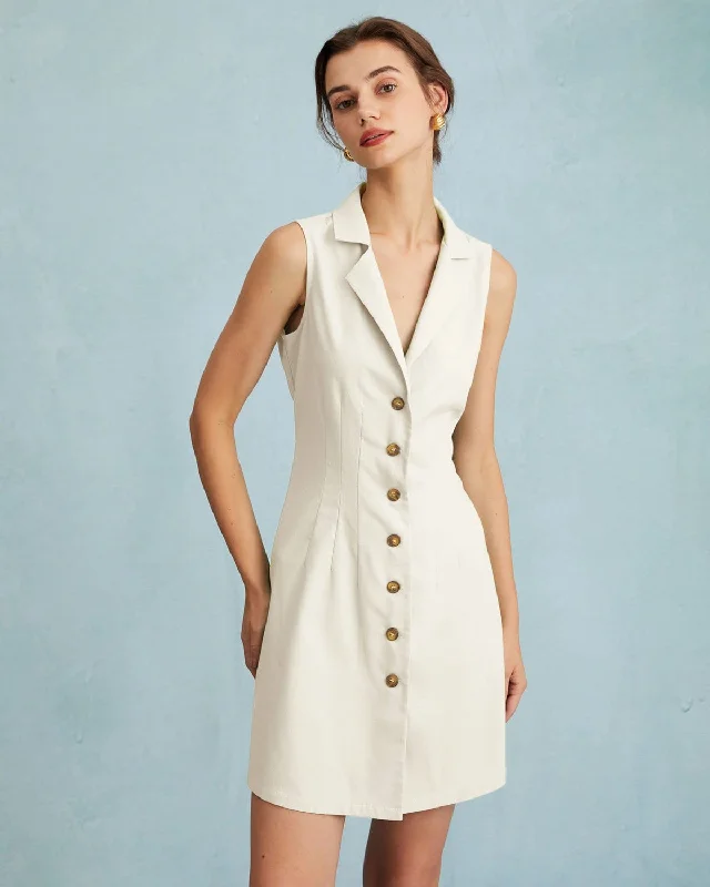 Mini dresses with high - low hems for a modern twist The Beige Lapel Button-up Sleeveless Mini Dress Mini dresses with high - low hems for a modern twist The Beige Lapel Button-up Sleeveless Mini Dress