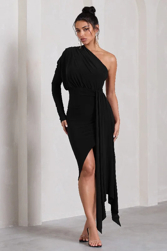 Midi dresses with sheer panels for a touch of allure Catherine | Black One Sleeve Asymmetric Midi Dress With Statement Drape Midi dresses with sheer panels for a touch of allure Catherine | Black One Sleeve Asymmetric Midi Dress With Statement Drape