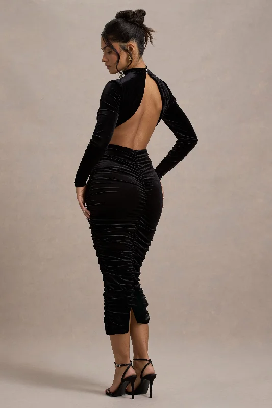 Midi dresses with pom - pom trims for a playful and festive look Joanna | Black Velvet High-Neck Backless Midi Dress Midi dresses with pom - pom trims for a playful and festive look Joanna | Black Velvet High-Neck Backless Midi Dress