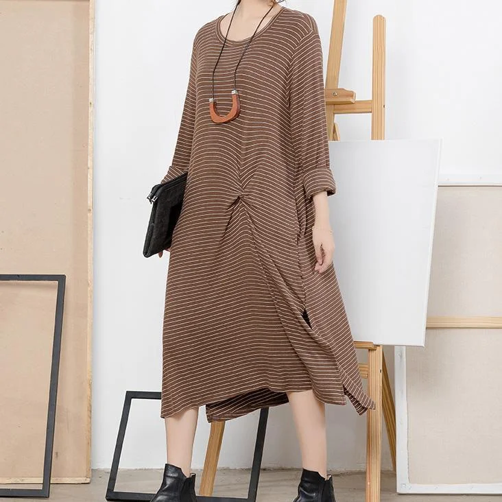 High - Low Hem Women's Cashmere - Blended SweatersChic Sweater weather DIY o neck side open khaki striped Fuzzy knit dress spring High - Low Hem Women's Cashmere - Blended SweatersChic Sweater weather DIY o neck side open khaki striped Fuzzy knit dress spring