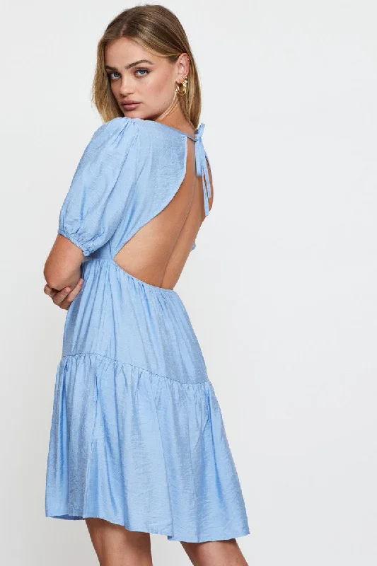 Empire Waist Women Dress to Accentuate the Bust and Conceal the WaistBlue Fit And Flare Dress Short Sleeve Open Back Empire Waist Women Dress to Accentuate the Bust and Conceal the WaistBlue Fit And Flare Dress Short Sleeve Open Back