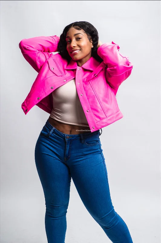Women's bomber jackets with a holographic finish for a futuristic and eye - catching lookWomen's Jean Jacket [Pink]