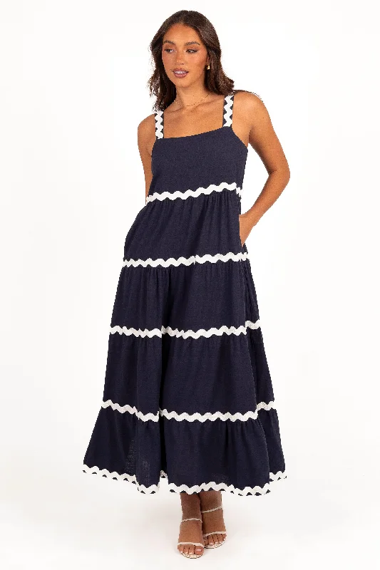 Maxi dresses with ribbed textures for a unique and tactile lookLouisa Maxi Dress - Navy Maxi dresses with ribbed textures for a unique and tactile lookLouisa Maxi Dress - Navy