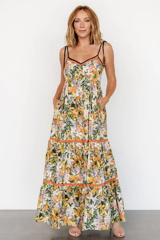 Ruffled maxi dresses with a tiered skirt for added volumePierrette Maxi Dress | Tangerine Multi Ruffled maxi dresses with a tiered skirt for added volumePierrette Maxi Dress | Tangerine Multi