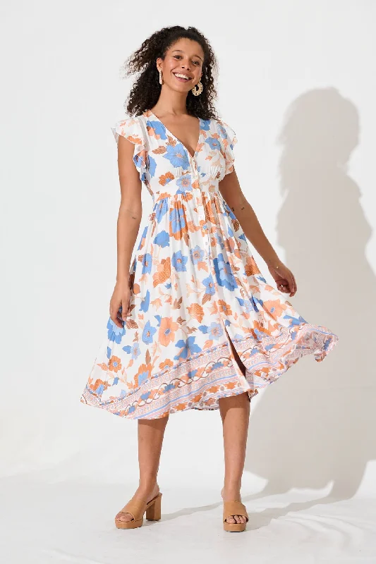Midi dresses with ribbed textures for a unique and tactile appearanceDaffodil Midi Dress In White With Rust Boho Floral