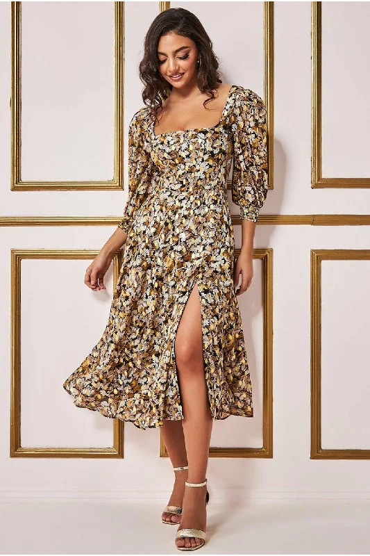Velvet midi dresses in jewel tones for a glamorous winter eventGoddiva Leaf Print Shirred Back Midi Dress - Leaf Print Velvet midi dresses in jewel tones for a glamorous winter eventGoddiva Leaf Print Shirred Back Midi Dress - Leaf Print