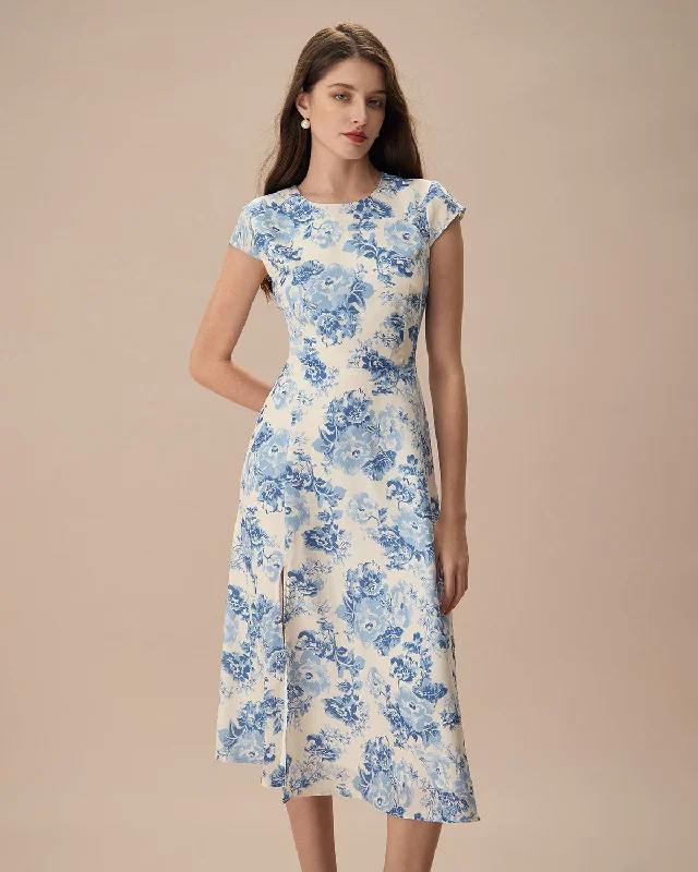 Midi dresses with keyhole backs for a flirty and unexpected detailThe Blue Round Neck Cap Sleeve Floral Midi Dress Midi dresses with keyhole backs for a flirty and unexpected detailThe Blue Round Neck Cap Sleeve Floral Midi Dress