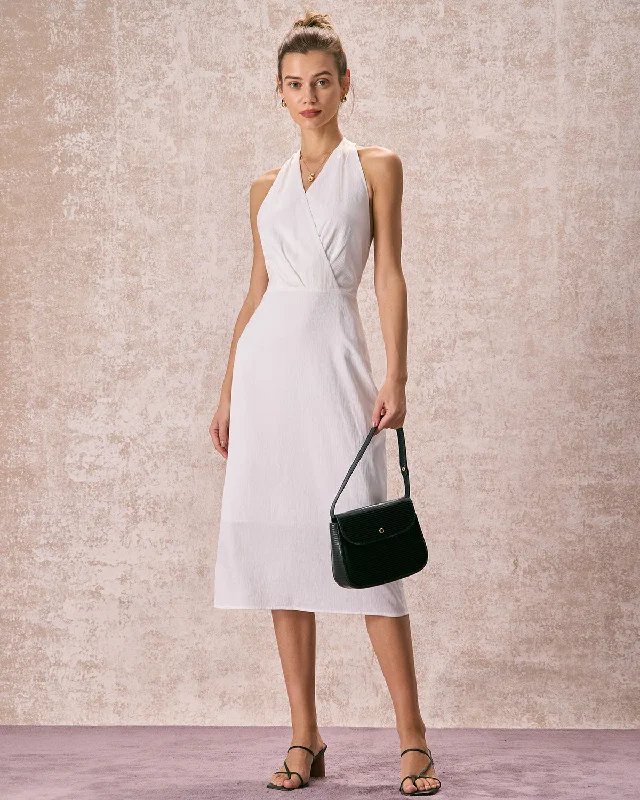 Sheath midi dresses with beaded embellishments for a formal occasionThe White Halter Ruched Wrap Satin Midi Dress