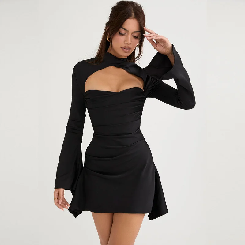 Mini dresses with spaghetti straps for a delicate lookBerryBetty - Long Sleeve Draped Satin Mini Dress - Black Mini dresses with spaghetti straps for a delicate lookBerryBetty - Long Sleeve Draped Satin Mini Dress - Black