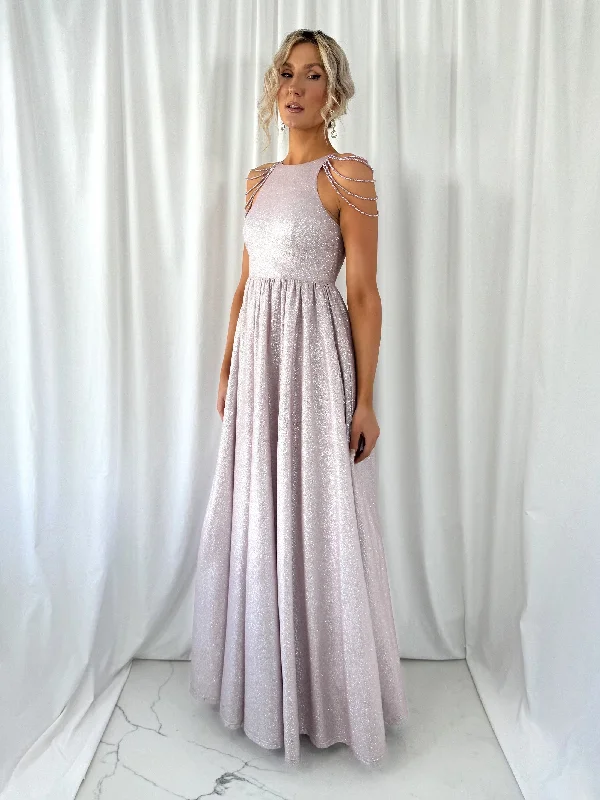 Wedding guest dresses with abstract prints and long trainsAnnabelle Maxi Bright Dress with Chains Over The Shoulder - Rose Wedding guest dresses with abstract prints and long trainsAnnabelle Maxi Bright Dress with Chains Over The Shoulder - Rose