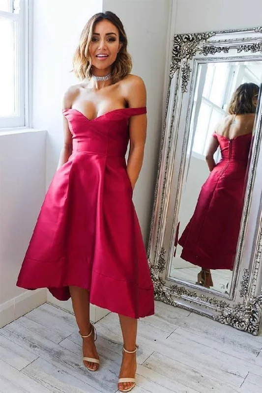 Backless party dresses for a sexy and alluring appearanceHigh Low Short Prom Dress with Pockets Off-Shoulder Homecoming Dress PD308 Backless party dresses for a sexy and alluring appearanceHigh Low Short Prom Dress with Pockets Off-Shoulder Homecoming Dress PD308