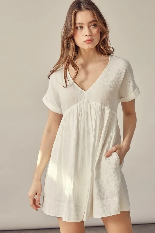 Ribbed - texture wedding guest dresses in neutral colorsI Need You More White V-Neck Romper Dress