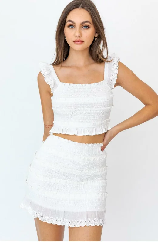 Sheer wedding guest dresses with lace inserts and long sleevesKathleen White Eyelet Lace Smocked Two-Piece Dress Set Sheer wedding guest dresses with lace inserts and long sleevesKathleen White Eyelet Lace Smocked Two-Piece Dress Set
