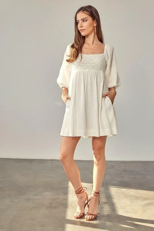 Ribbed - texture wedding guest dresses in neutral colorsMake It Special White Crochet Puff Sleeve Mini Dress