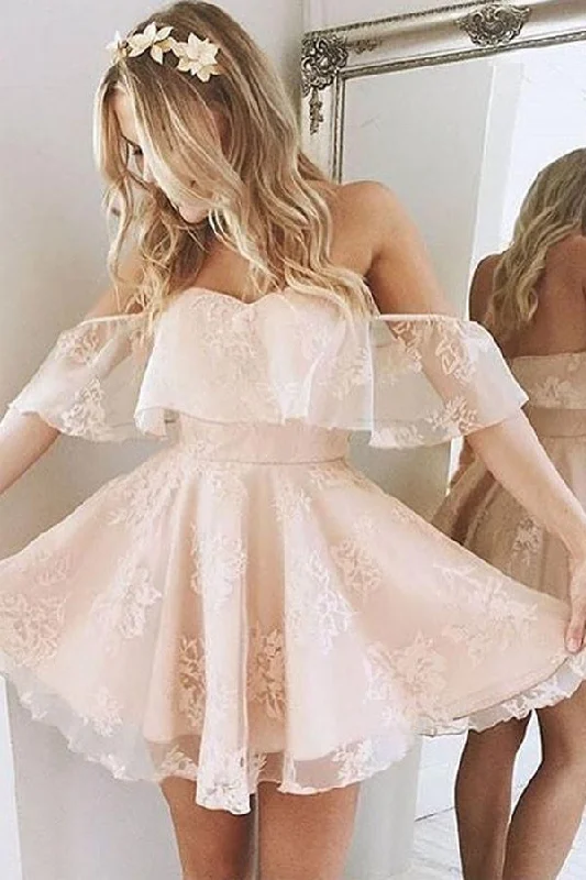 Empire - waist party dresses to accentuate the waistline​Princess Off the shoulder Ruffle Homecoming Dress Short Party Dress PG152