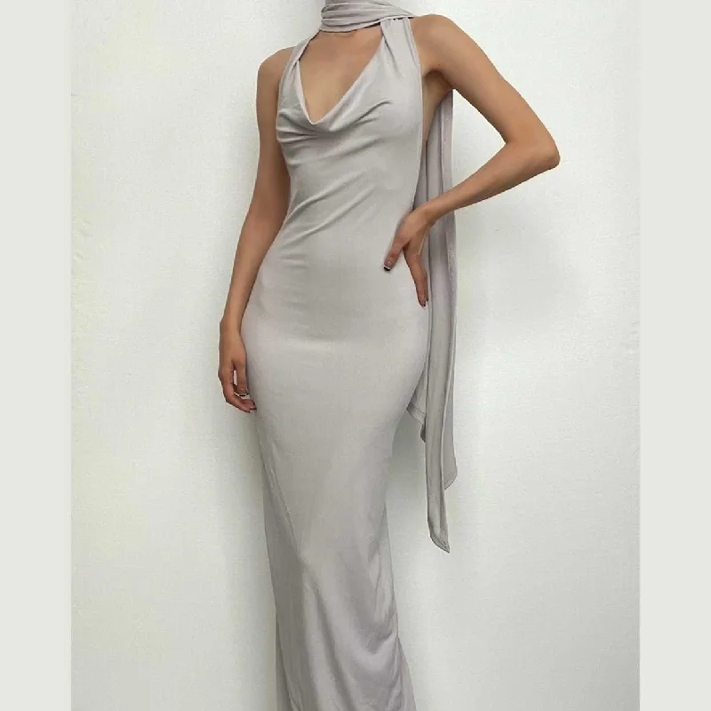 Sequined cocktail dresses with a mermaid silhouetteBerryBetty - Ruched slit halter ribbed backless cowl neck solid maxi dress
