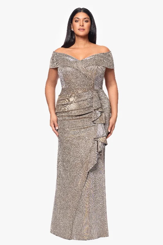 Sleeveless formal dresses with sequined straps and a - line skirts for a classic formal eventPlus "Raveena" Long Foil Knit Off the Shoulder Floor Length Ruffle Dress Sleeveless formal dresses with sequined straps and a - line skirts for a classic formal eventPlus "Raveena" Long Foil Knit Off the Shoulder Floor Length Ruffle Dress