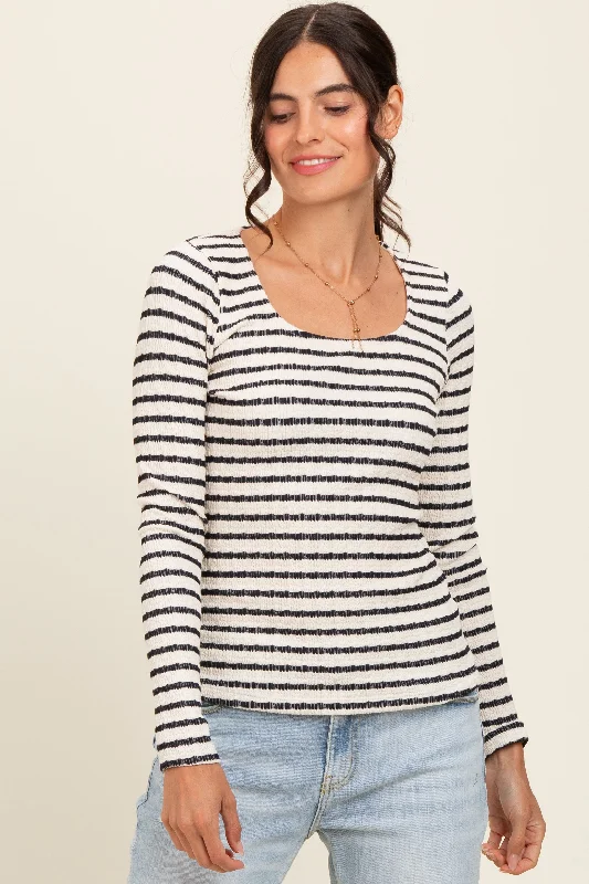 Mock Neck Women Long Sleeve Top for a Modern AestheticBlack Striped Long Sleeve Top