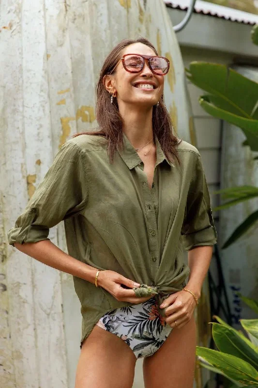 Anti - UV ray cover ups for outdoor summer activitiesSunseeker Folklore Resort Slouch Shirt Khaki